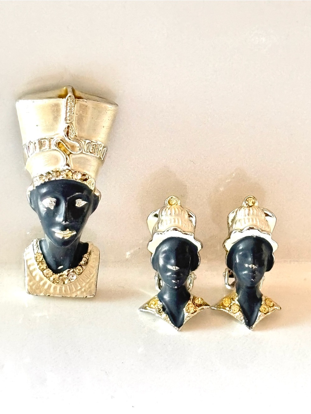 vintage Egyptian Revival brooch and clip-on earring matching set